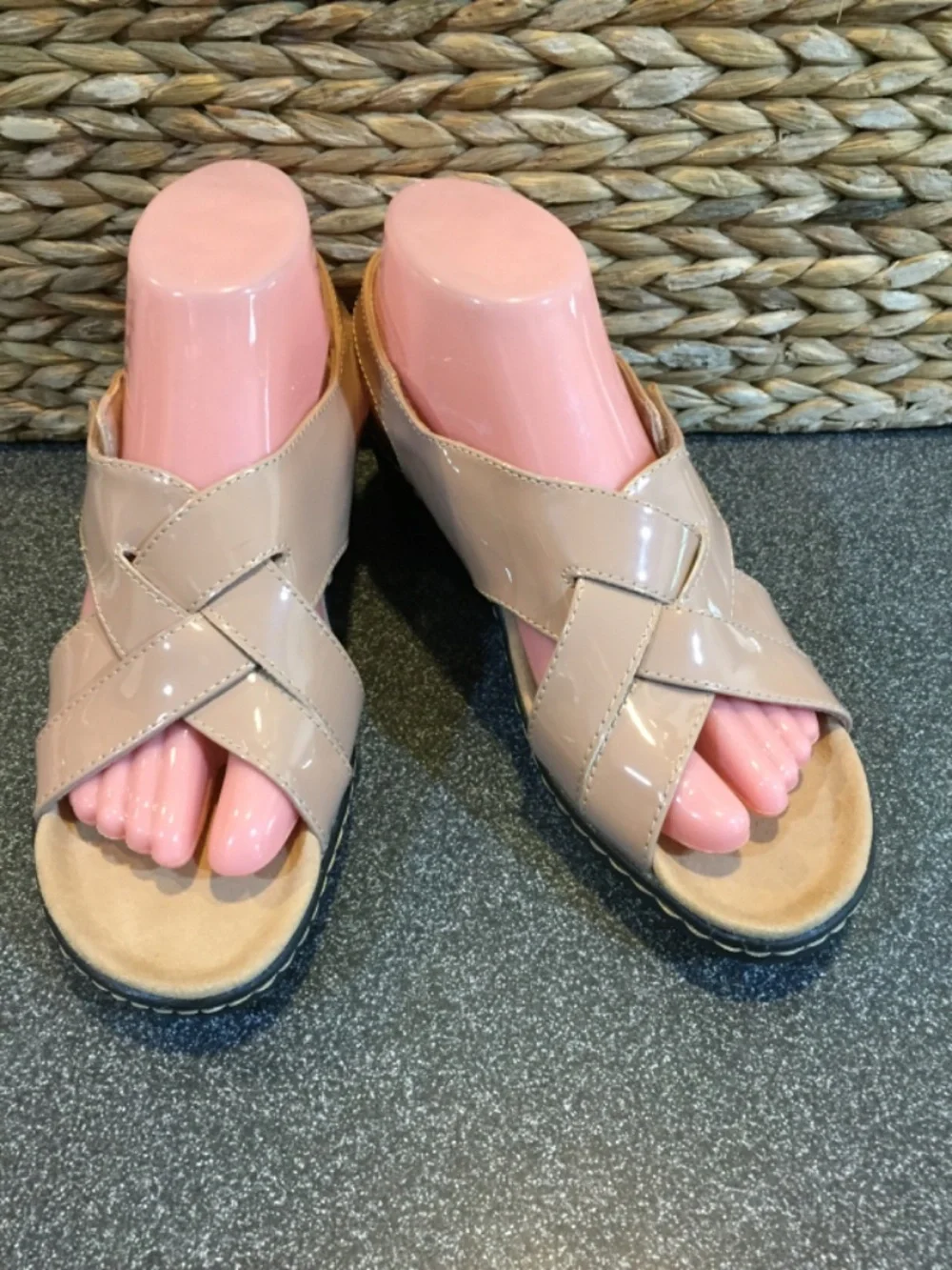 Clarks Patent Leather Crisscross Slide Sandals Tan